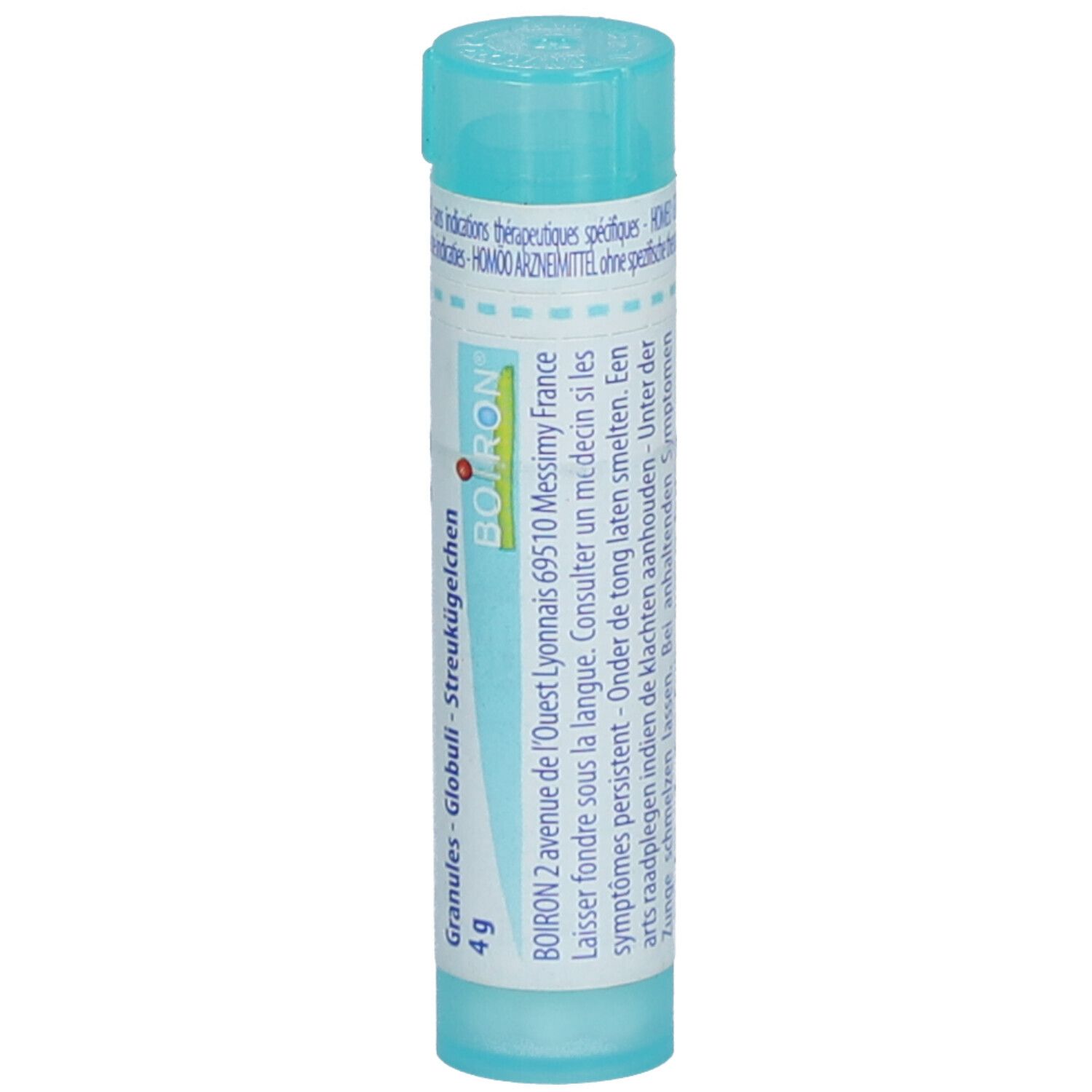 Tube cylindrique. Bleu. 'Boiron' et texte sur l'étiquette. 'Granules - Globuli' et '4 g' visibles.