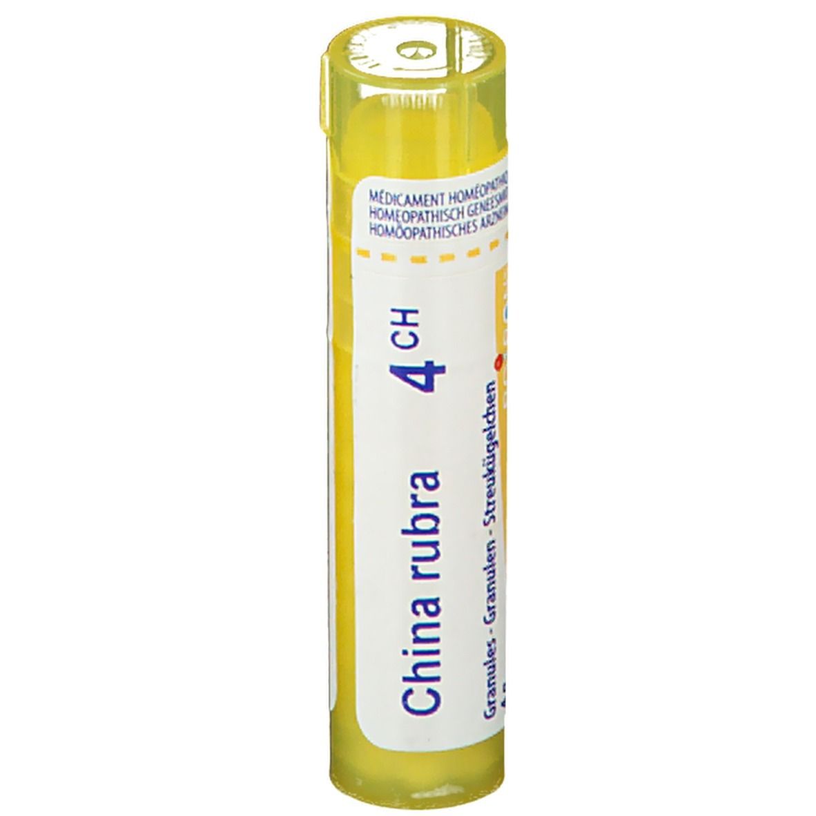 Tube cylindrique China rubra 4CH. Bouchon jaune, étiquette blanche avec informations produit.
