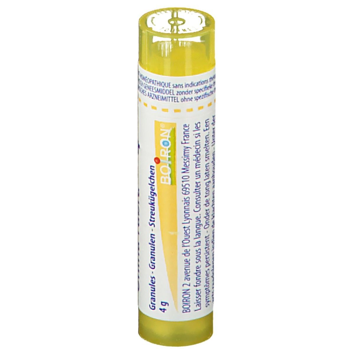Tube cylindrique China rubra 4CH. Bouchon jaune, étiquette blanche avec logo Boiron.