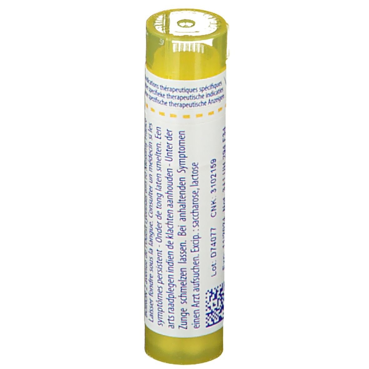 Tube cylindrique China rubra 4CH. Bouchon jaune, étiquette blanche avec informations produit.