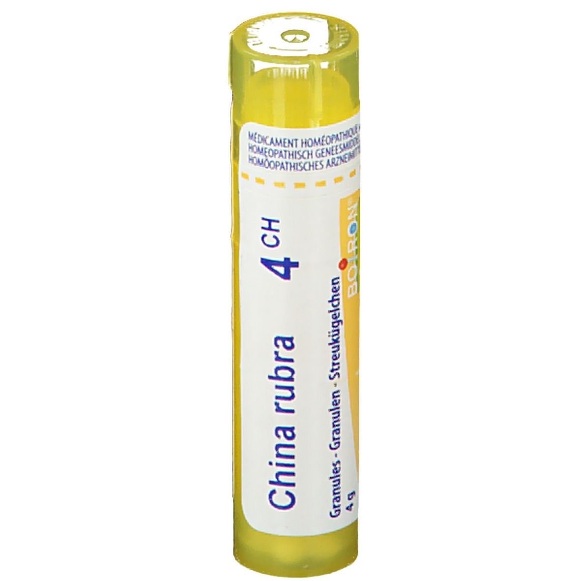 Tube cylindrique China rubra 4CH. Bouchon jaune, étiquette blanche avec informations produit.