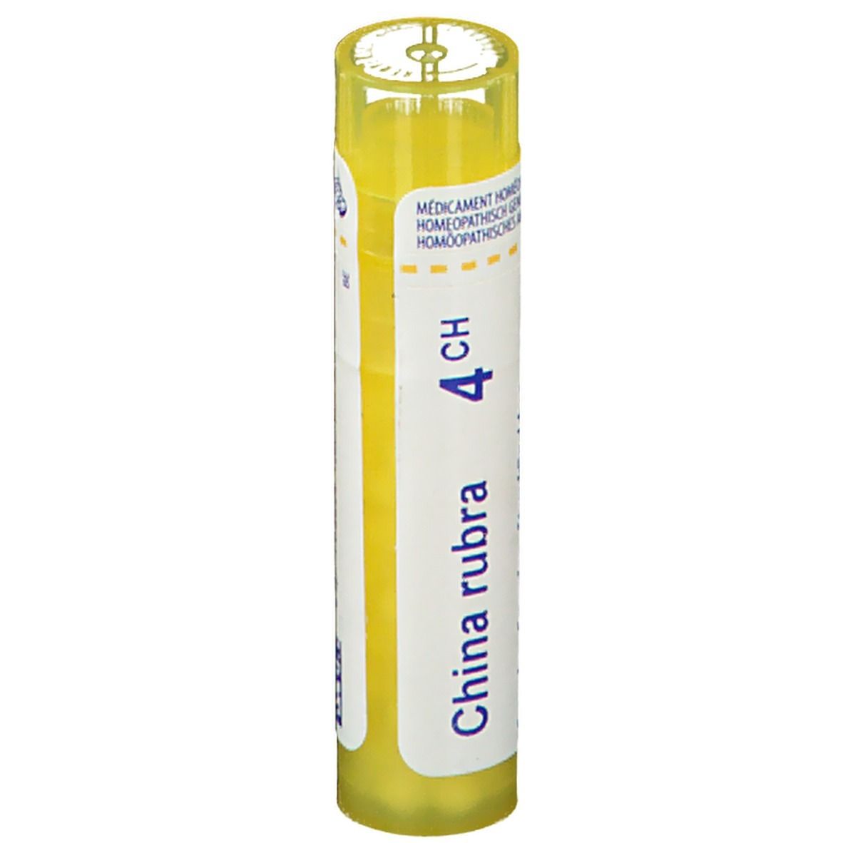 Tube cylindrique China rubra 4CH. Bouchon jaune, étiquette blanche avec informations produit.
