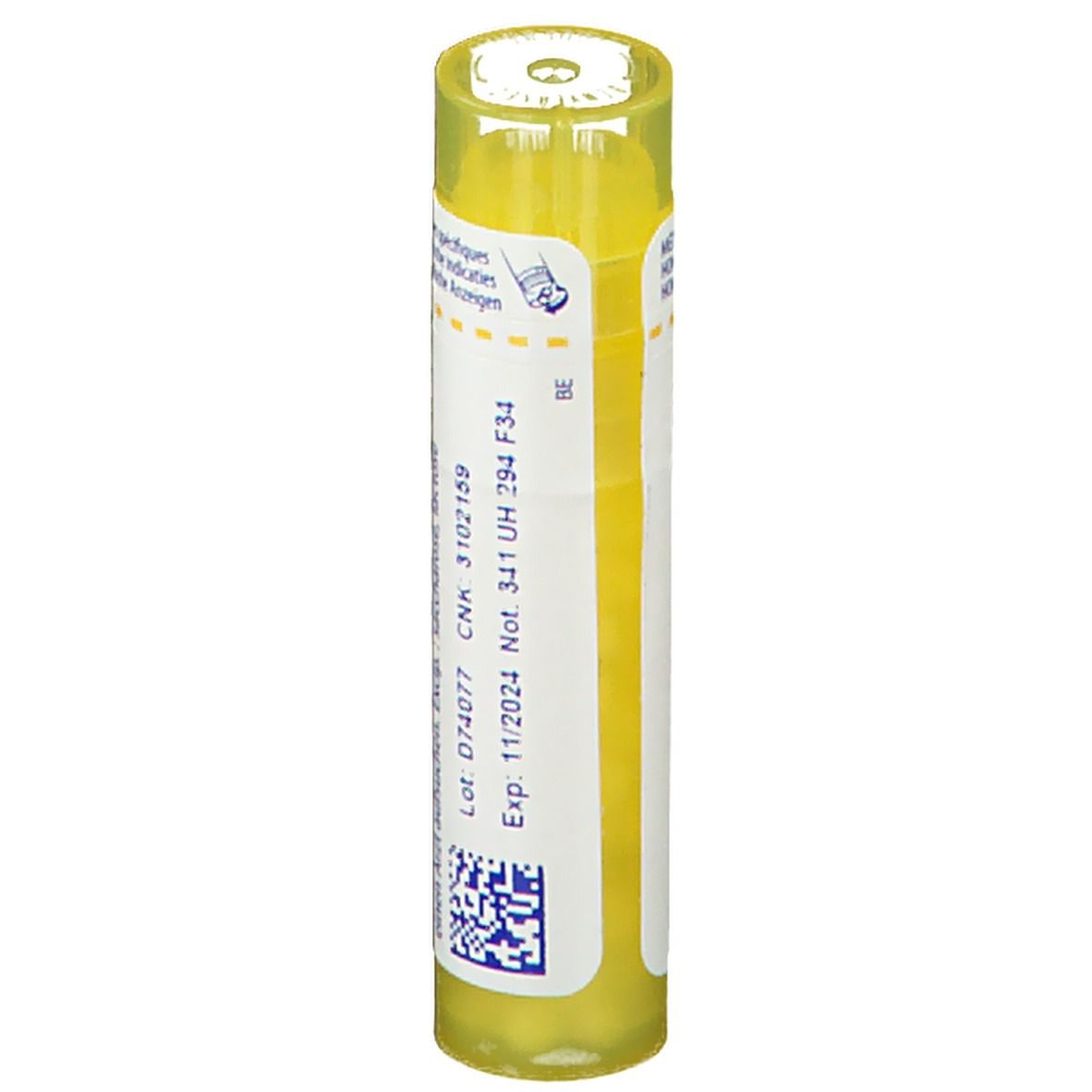 Tube cylindrique China rubra 4CH. Bouchon jaune, étiquette blanche avec numéro de lot et date d'expiration.