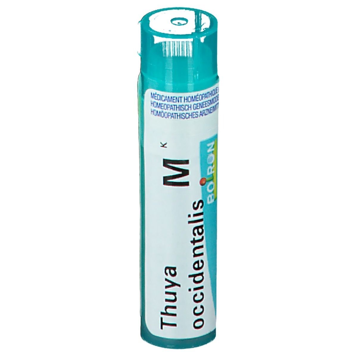 Cilindrische verpakking met blauwe dop. Opschrift: Thuya occidentalis, Boiron, M.