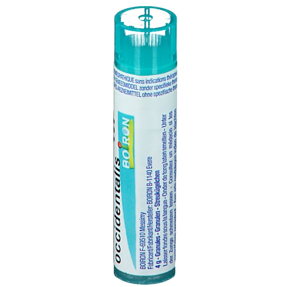 Cilindrische verpakking met blauwe dop. Opschrift: Thuya occidentalis, Boiron, 4g.