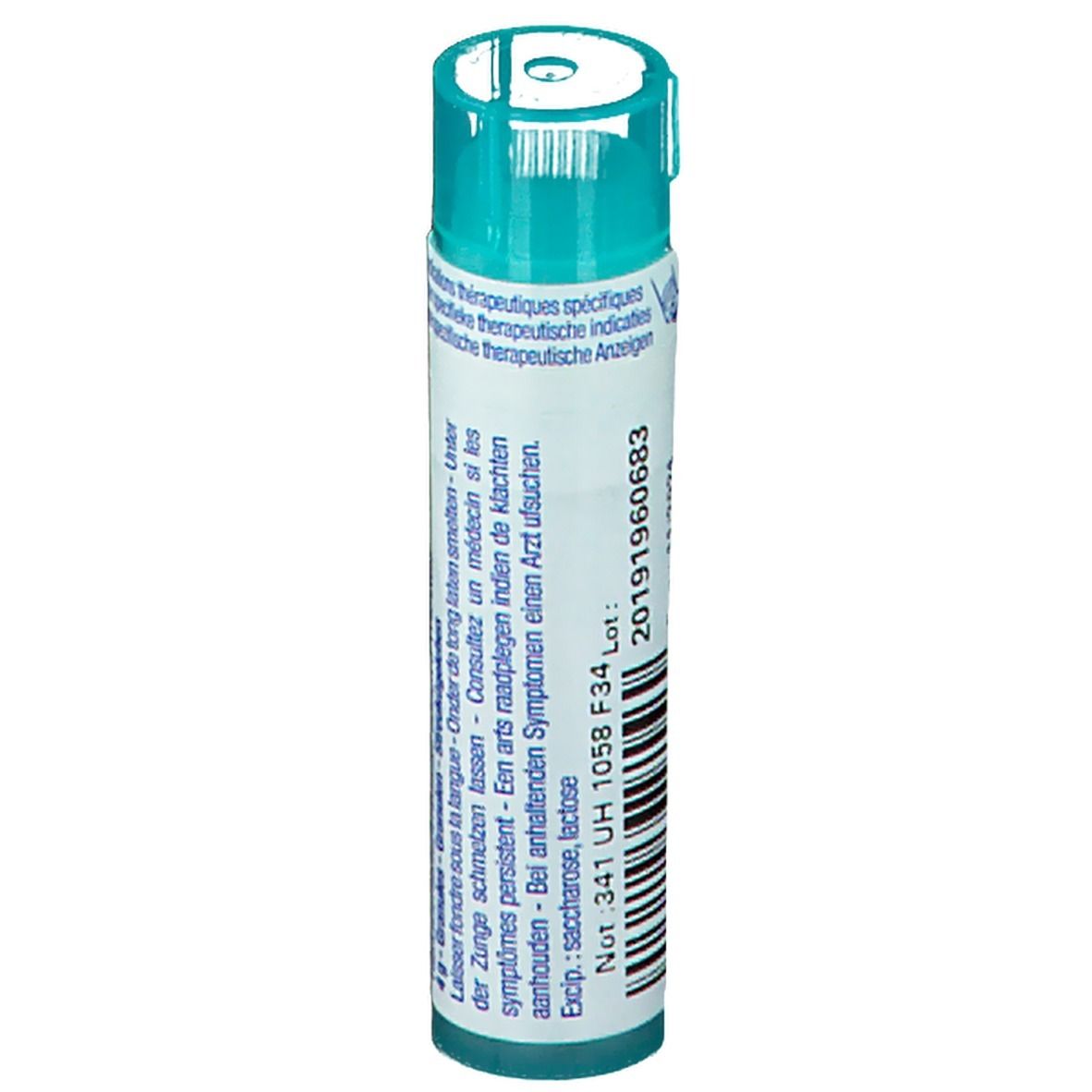 Cilindrische verpakking met blauwe dop. Opschrift: Thuya occidentalis, Boiron, lotnummer en vervaldatum.