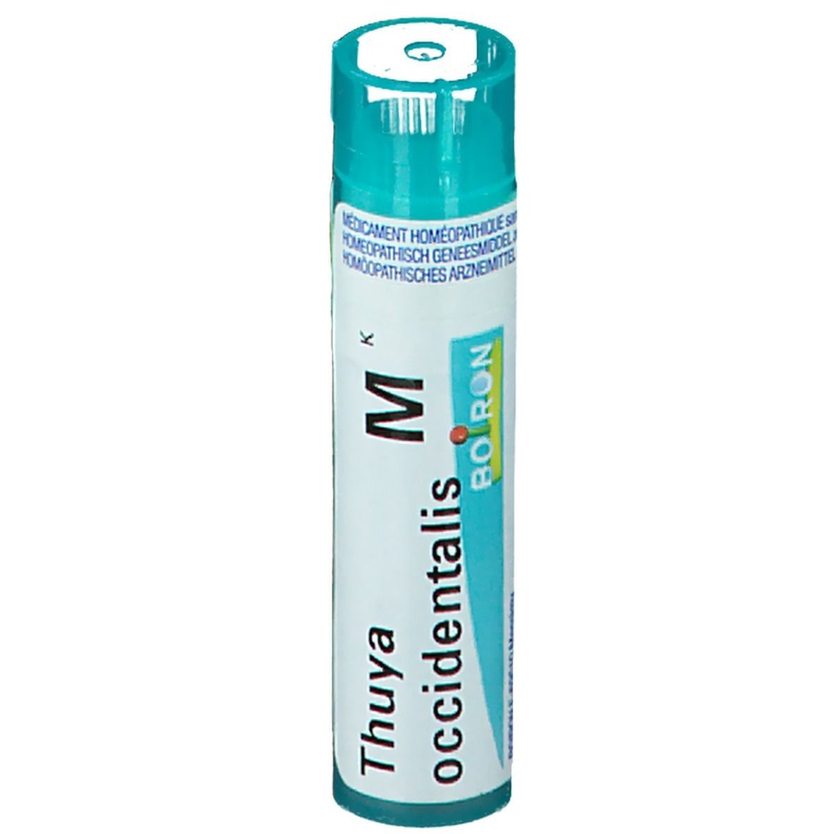Cilindrische verpakking met blauwe dop. Opschrift: Thuya occidentalis, Boiron, M.
