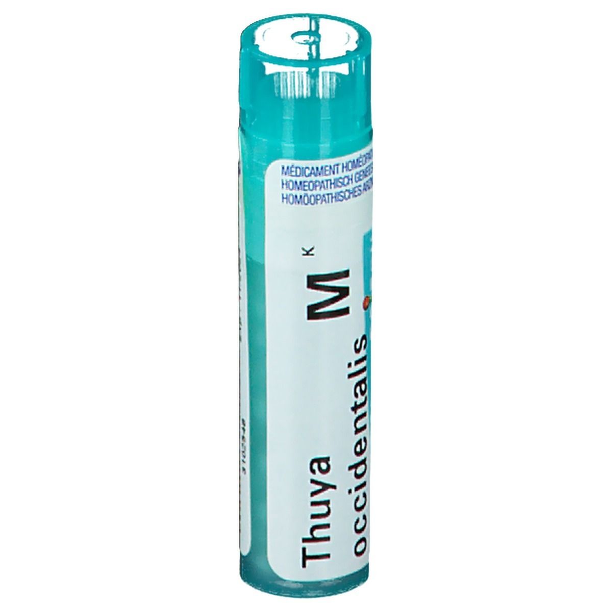 Cilindrische verpakking met blauwe dop. Opschrift: Thuya occidentalis, Boiron, M.