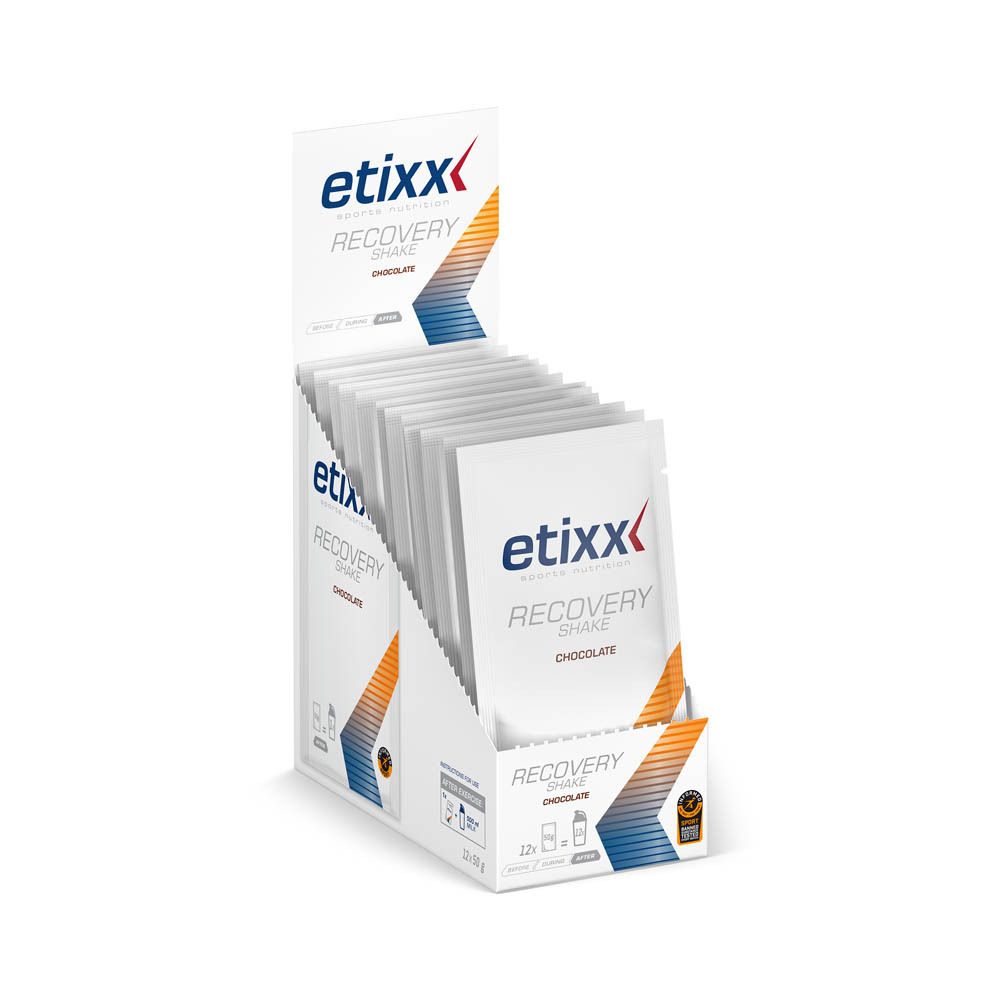 Présentoir de comptoir avec sachets etixx Recovery Shake Schokolade. Emballage ouvert avec sachets visibles.