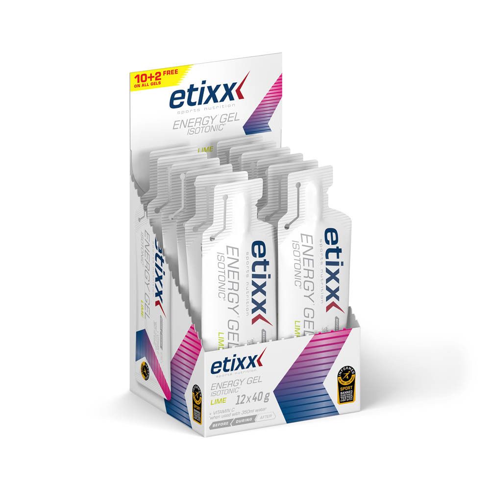 Présentoir de gel énergétique Eitxx Lime. Contient 12 sachets de 40g. Impression : 10+2 gratuits. Avec logo et nom du produit.