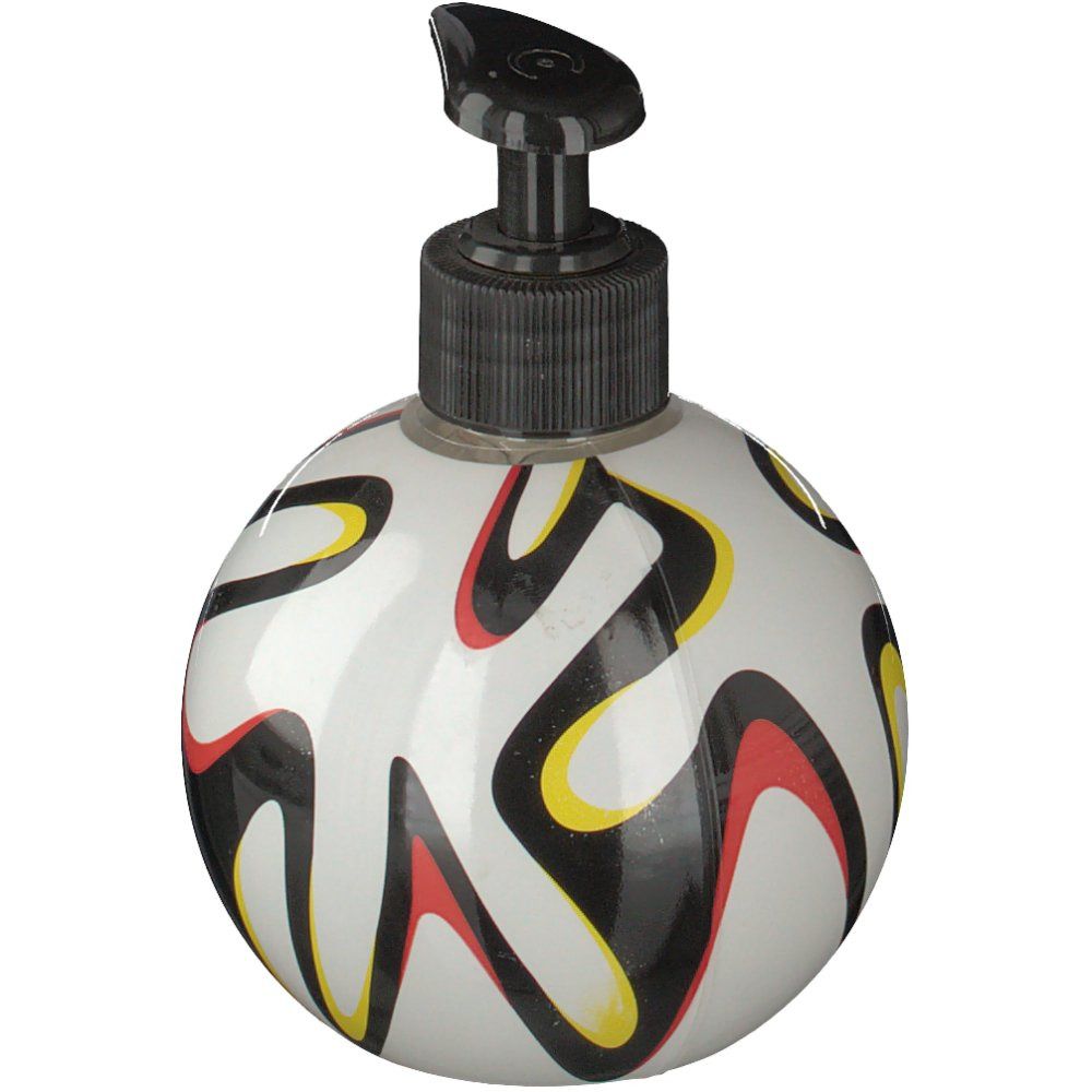 Ronde handzeepfles met voetbalpatroon en zwarte dispenser.