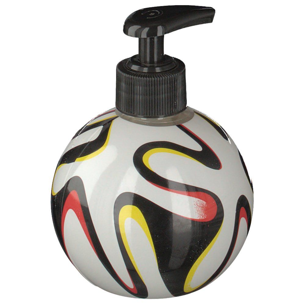Ronde handzeepfles met voetbalpatroon en zwarte dispenser.