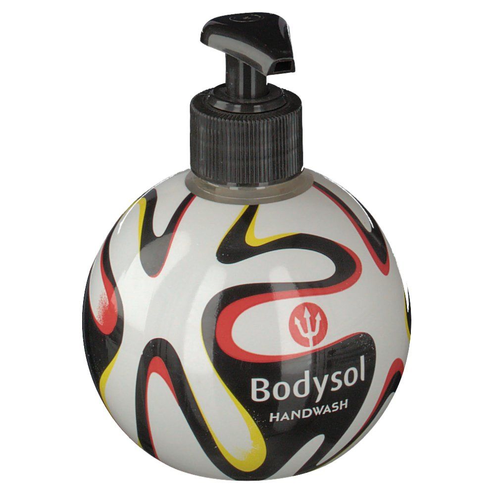 Ronde handzeepfles met voetbalpatroon en zwarte dispenser. Opschrift: Bodysol Handwash.