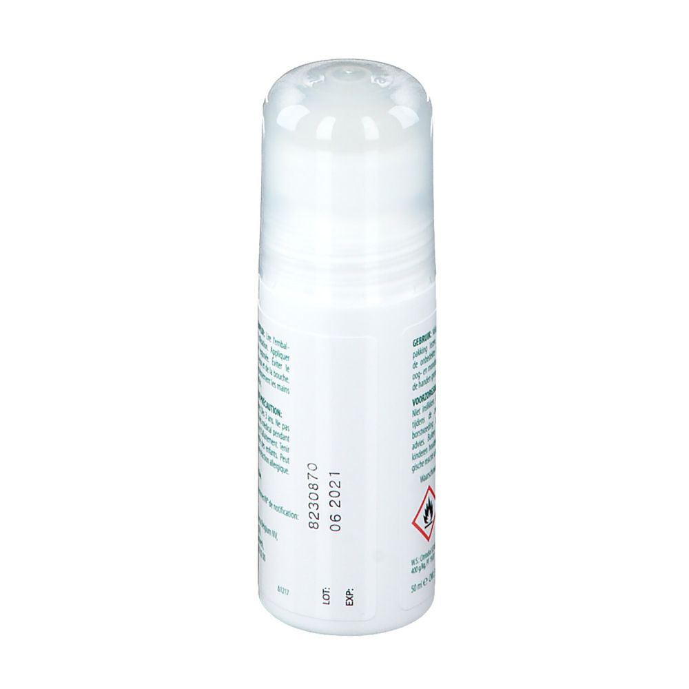 Roll-on blanc avec bouchon transparent. Inscriptions et pictogramme. Numéro de lot et date d'expiration visibles.