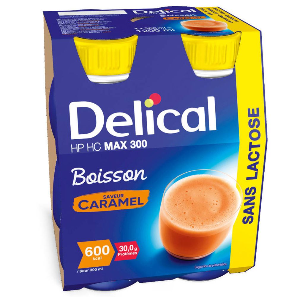Emballage Delical HP HC MAX 300 Boisson saveur caramel, sans lactose. 600 kcal pour 300 ml.