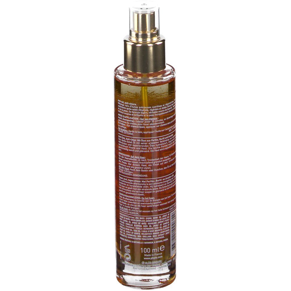 Braune Glasflasche mit Pumpspender, gefüllt mit goldenem Öl. 100 ml.