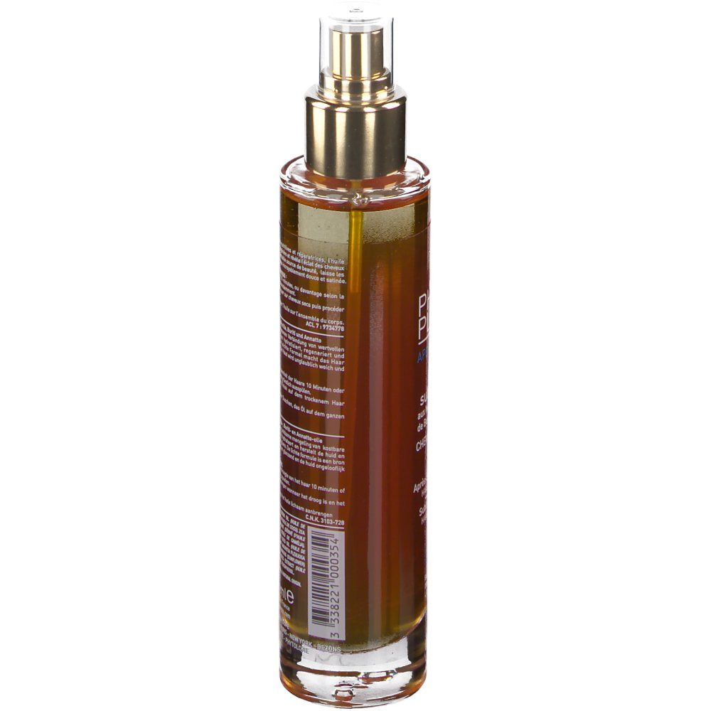 Braune Glasflasche mit goldenem Pumpspender, gefüllt mit goldenem Öl.