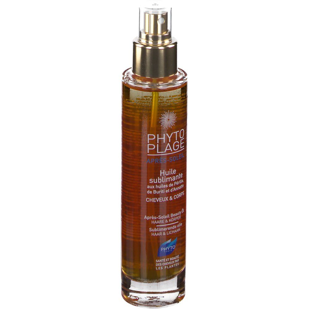 Phyto Plage Sonnenöl in einer transparenten Sprühflasche mit goldenem Verschluss.