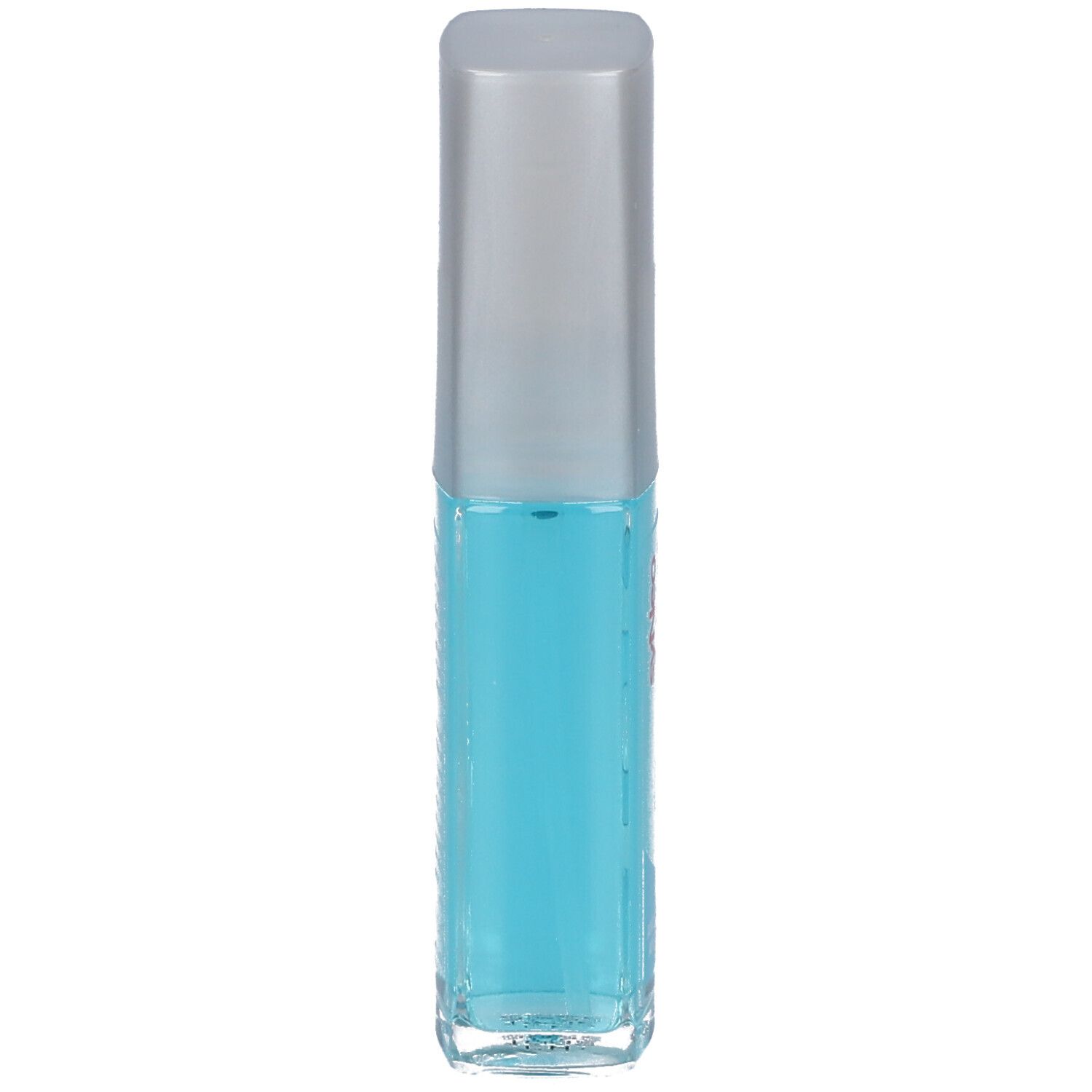 Schmales, blaues Pumpspray mit silbernem Deckel. Aufschrift nicht erkennbar.
