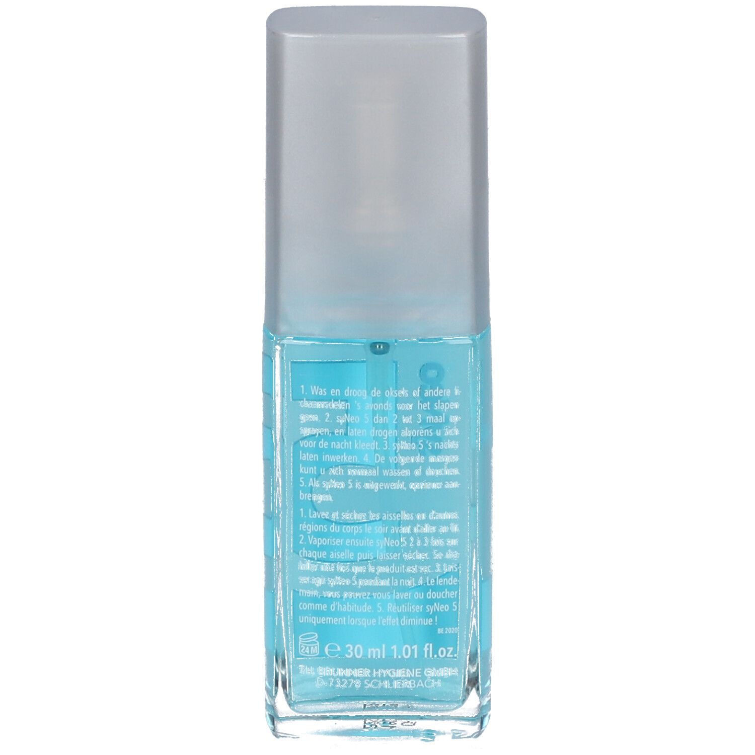 Rückseite eines blauen Pumpsprays mit silbernem Deckel. Text in mehreren Sprachen.