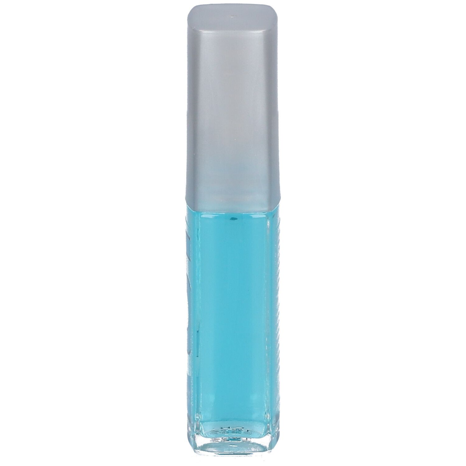 Schmales, blaues Pumpspray mit silbernem Deckel. Aufschrift nicht erkennbar.