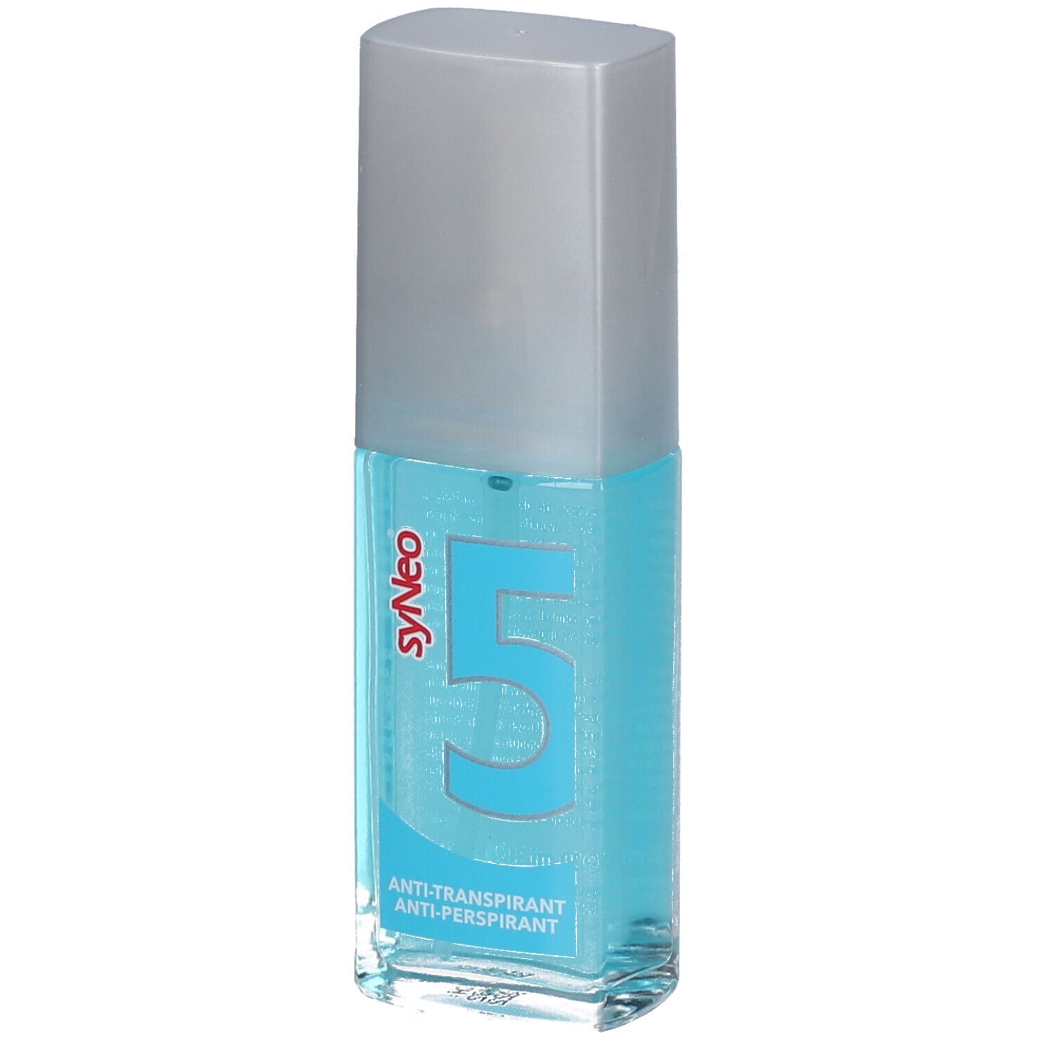 Blaues Pumpspray mit silbernem Deckel. Aufschrift: syNeo 5, Anti-Transpirant.