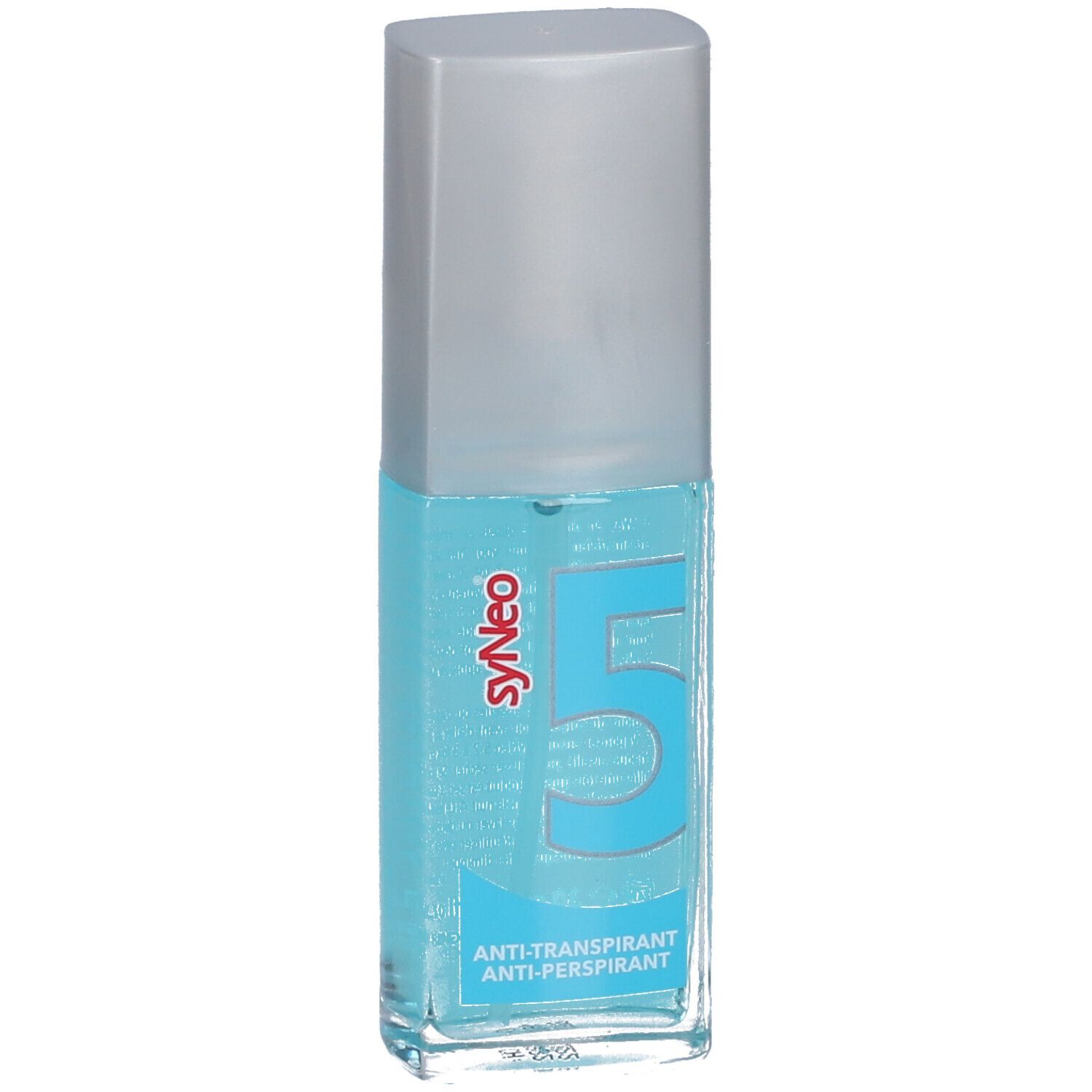 Blaues Pumpspray mit silbernem Deckel. Aufschrift: syNeo 5, Anti-Transpirant.