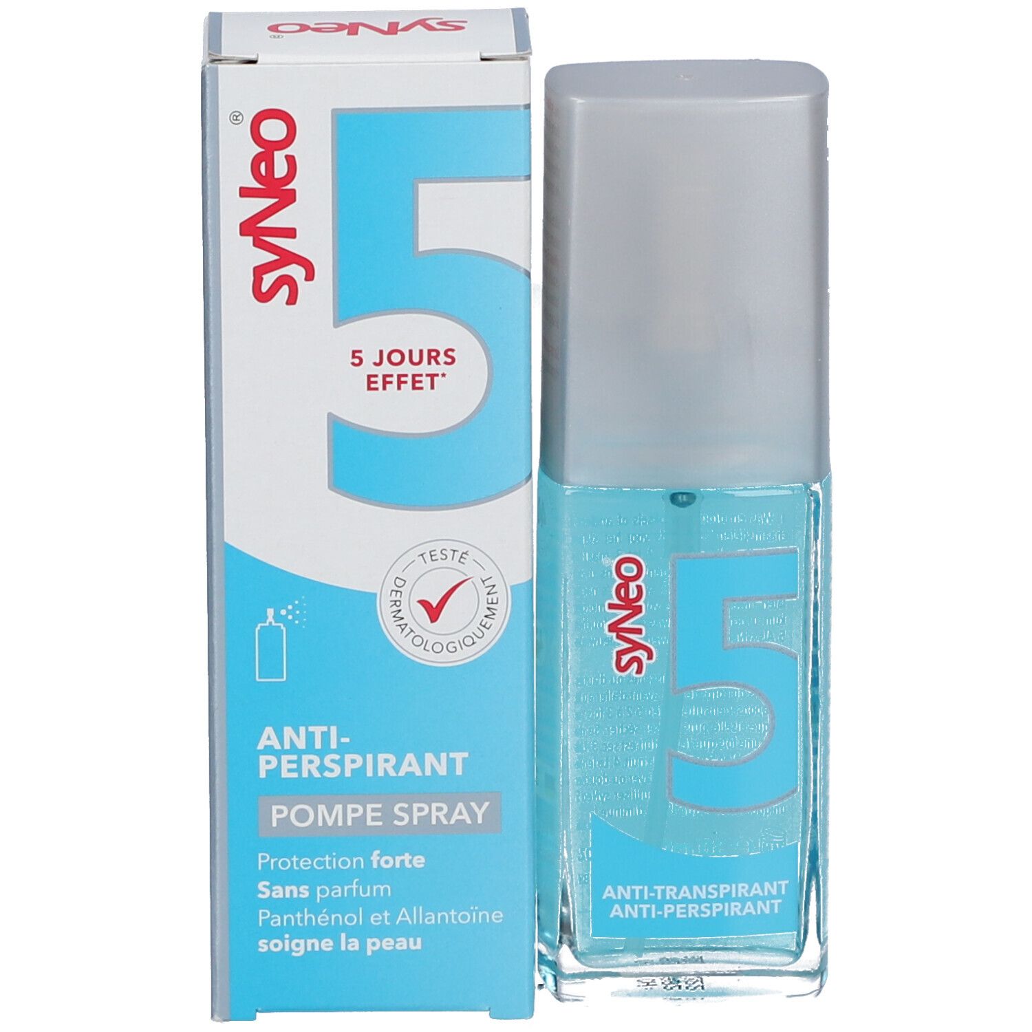 Pumpspray mit Verpackung. Aufschrift: syNeo 5, Anti-Transpirant, dermatologisch getestet.
