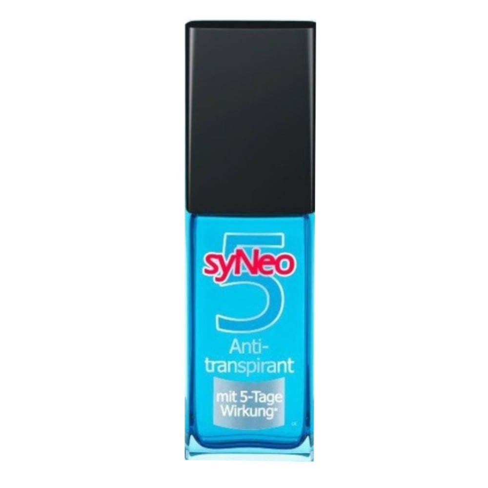 Blaues Antitranspirant-Spray mit schwarzem Deckel. Aufschrift: syNeo 5, Anti-transpirant, mit 5-Tage Wirkung.