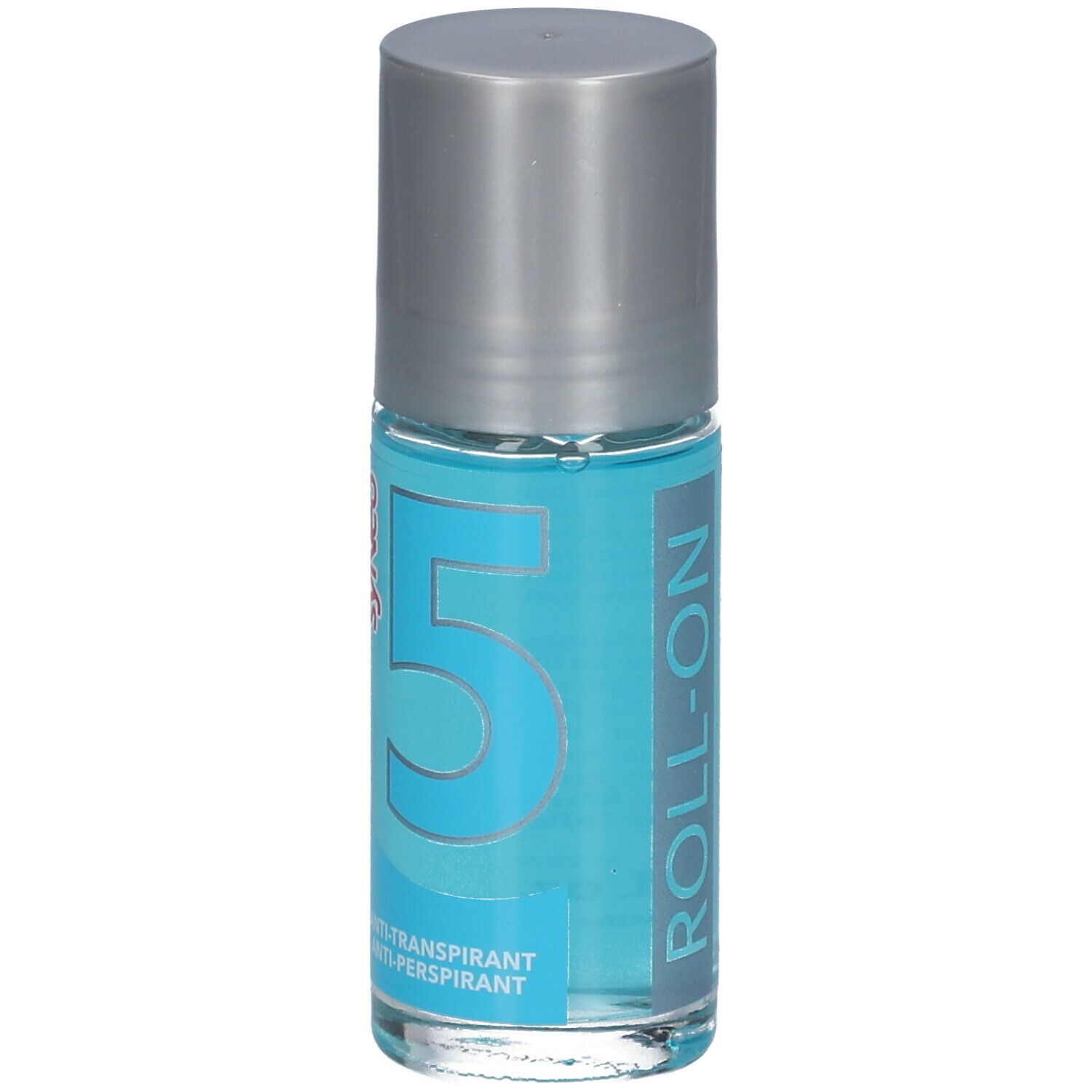 Roll-on-Behälter mit blauem Inhalt und silbernem Deckel. Aufschrift "5" und "Roll-On".