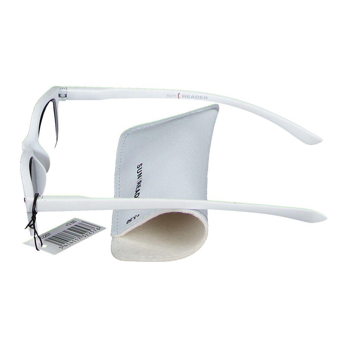 Lunettes blanches et étui. SUN READER est écrit sur la branche. Les lunettes ont une étiquette.