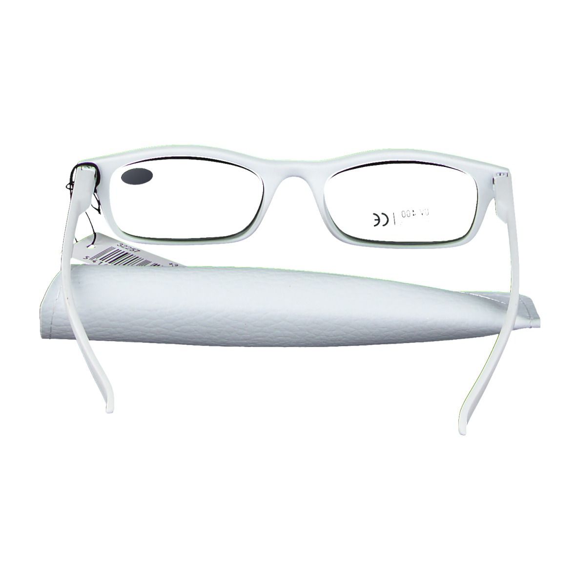 Lunettes blanches et étui. +3.50 est écrit sur les lunettes. SUN READER est écrit sur l'étui.