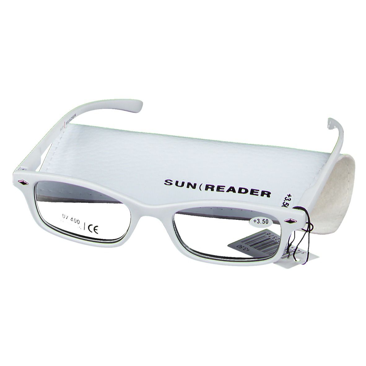 Lunettes blanches et étui. +3.50 est écrit sur les lunettes. SUN READER est écrit sur l'étui.