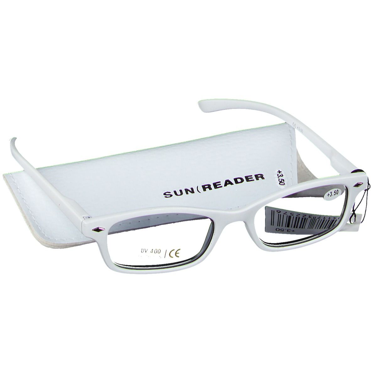 Lunettes blanches et étui. +3.50 est écrit sur les lunettes. SUN READER est écrit sur l'étui.