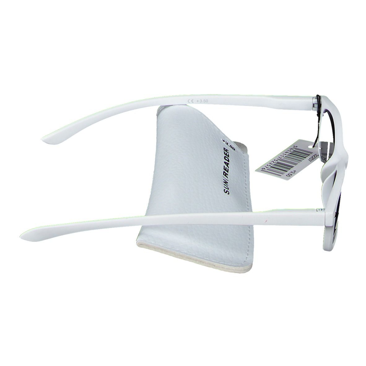 Lunettes blanches et étui. SUN READER est écrit sur la branche. Les lunettes ont une étiquette.