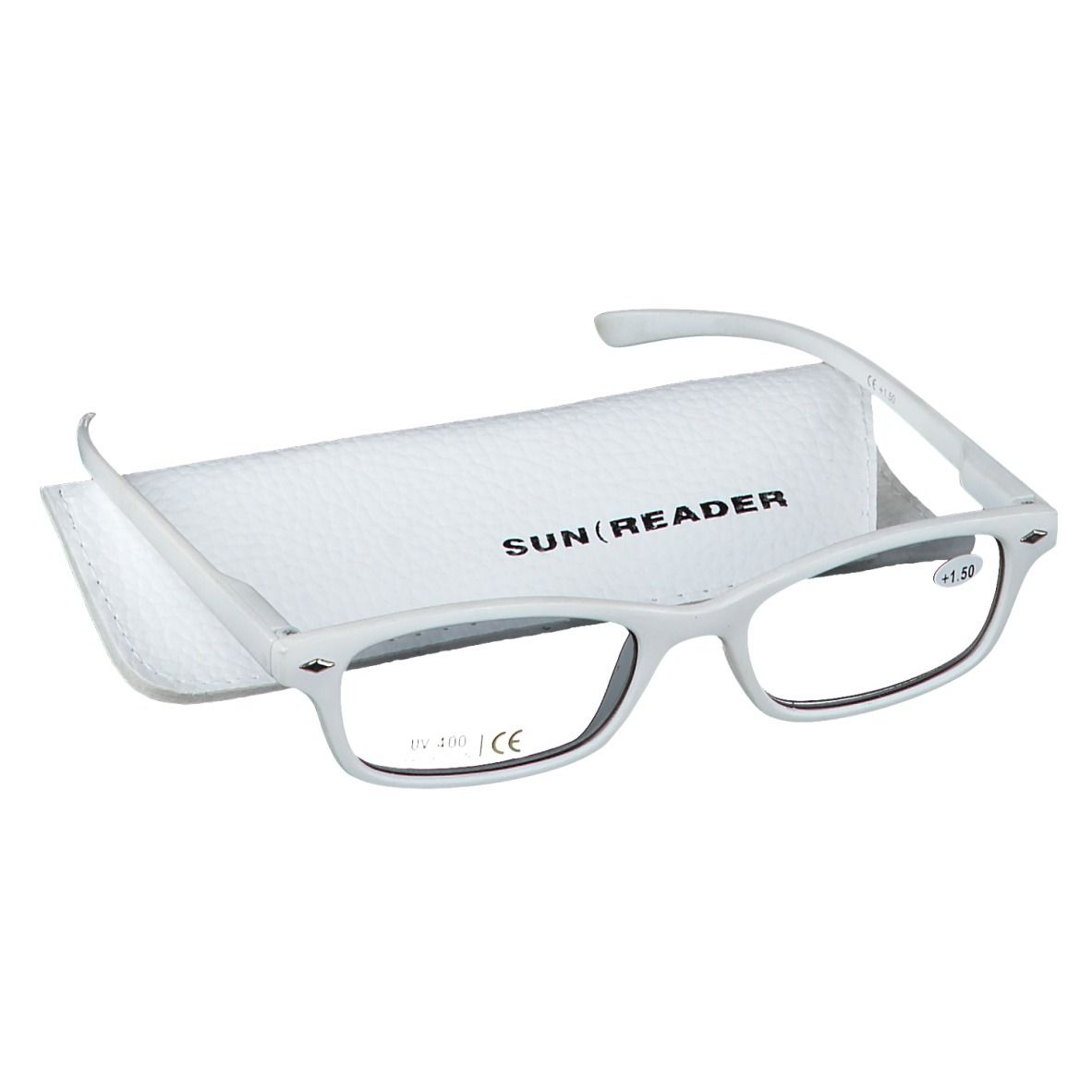 Lunettes de lecture blanches avec étui. L'étui porte la mention SUN READER. Les lunettes sont +1,50.