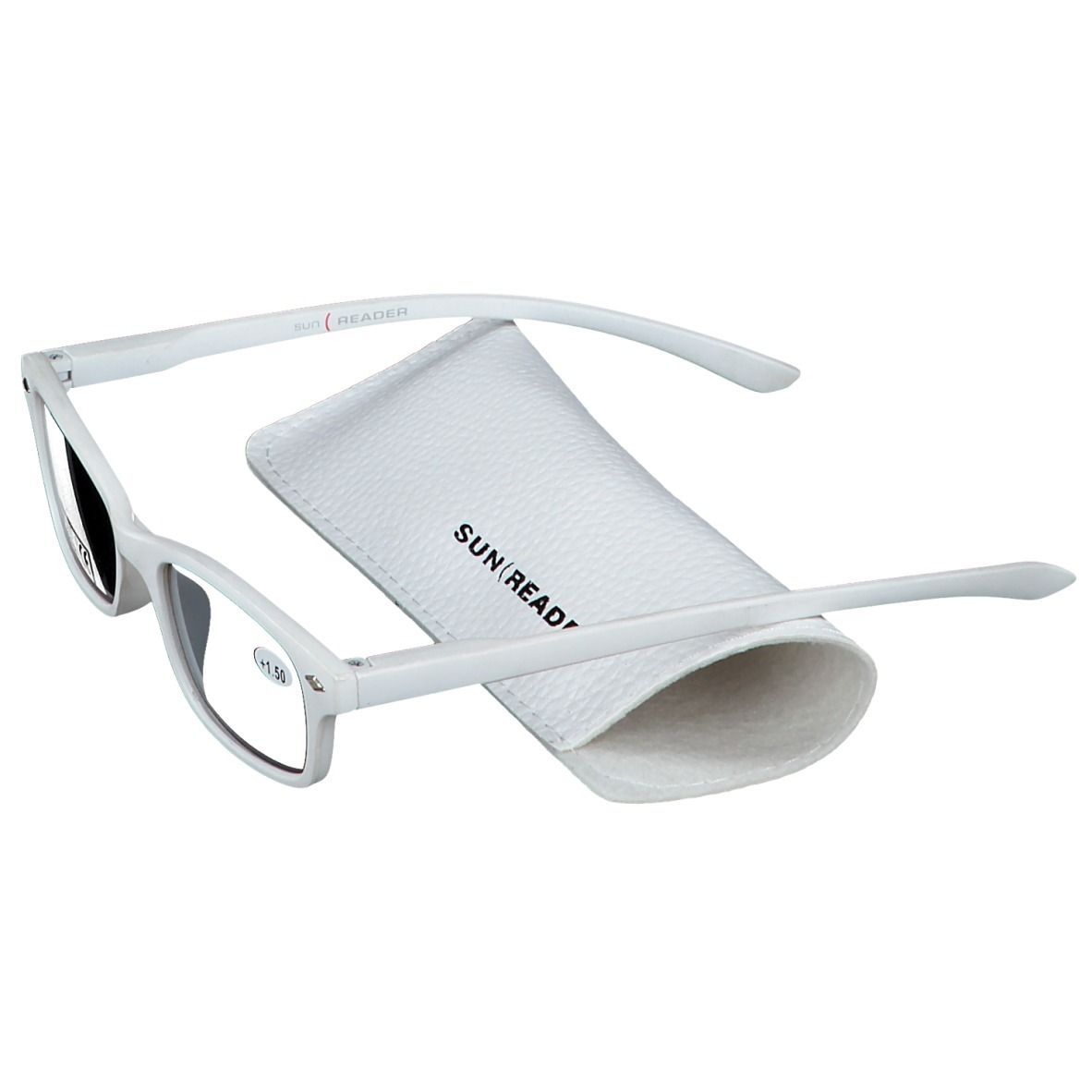 Lunettes de lecture blanches et étui. Les lunettes sont partiellement pliées. L'étui porte SUN READER.