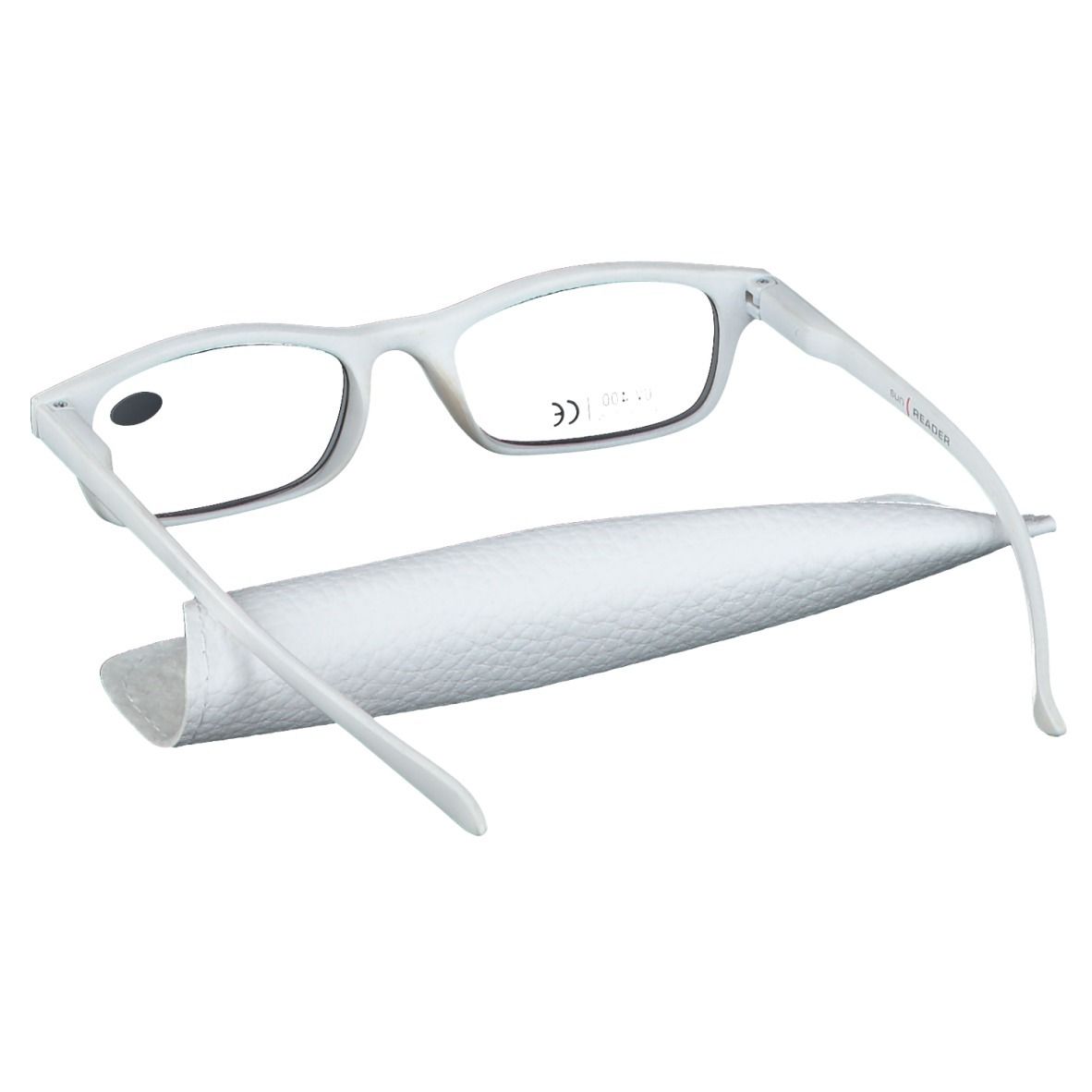 Lunettes de lecture blanches et étui. Vue arrière des lunettes. L'étui porte SUN READER.
