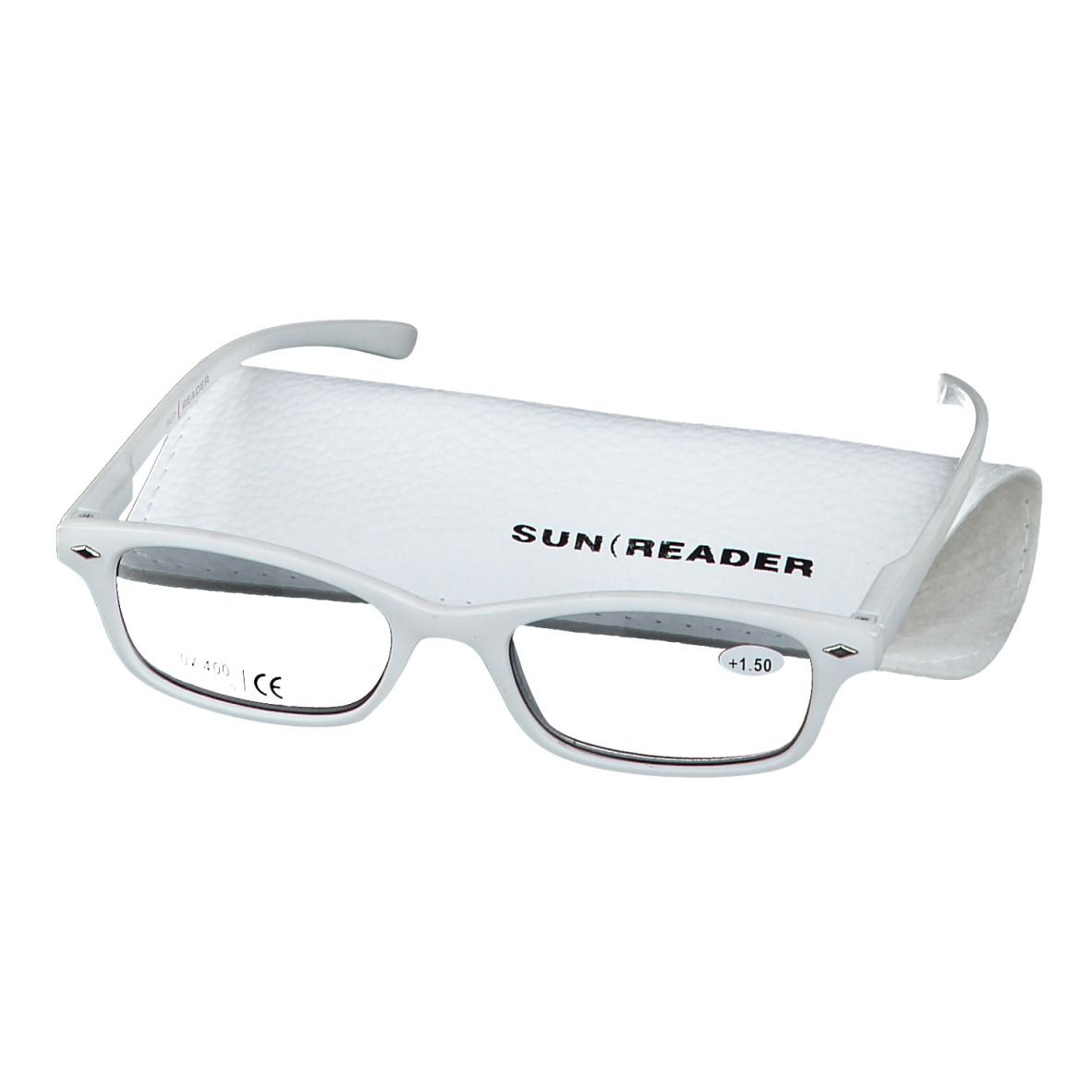 Lunettes de lecture blanches avec étui. L'étui porte SUN READER. Les lunettes sont +1,50.