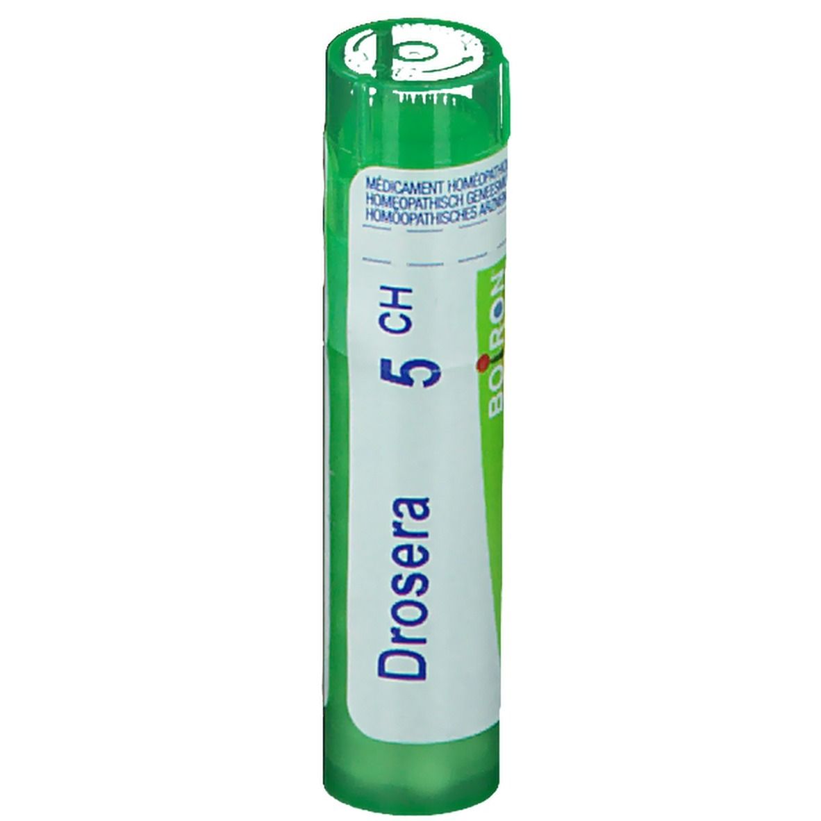 Tube vert avec étiquette blanche. Inscription: Drosera 5 CH, Boiron. Médicament homéopathique.