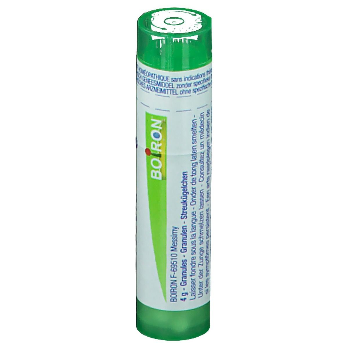 Tube vert avec étiquette blanche. Inscription: Boiron, granules, 4 g. Médicament homéopathique.