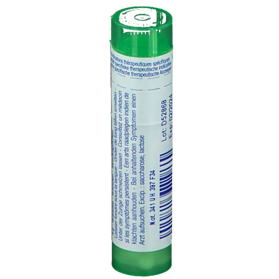 Tube vert avec étiquette blanche. Inscription: Lot D52868, Exp: 02/2024. Médicament homéopathique.