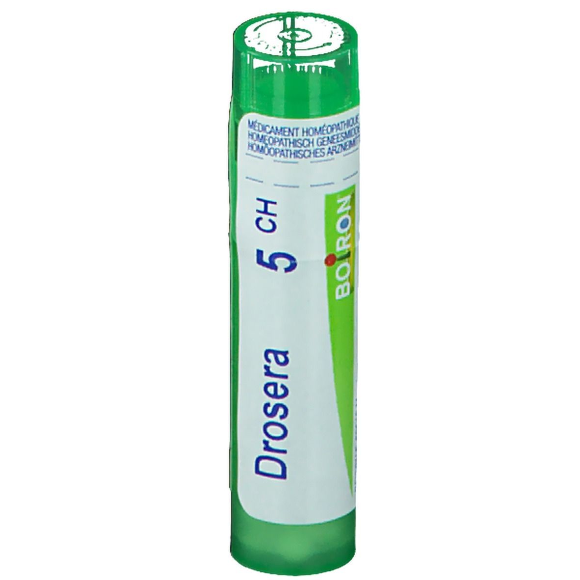 Tube vert avec étiquette blanche. Inscription: Drosera 5 CH, Boiron. Médicament homéopathique.