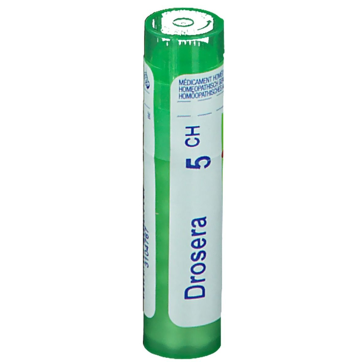 Tube vert avec étiquette blanche. Inscription: Drosera 5 CH. Médicament homéopathique.