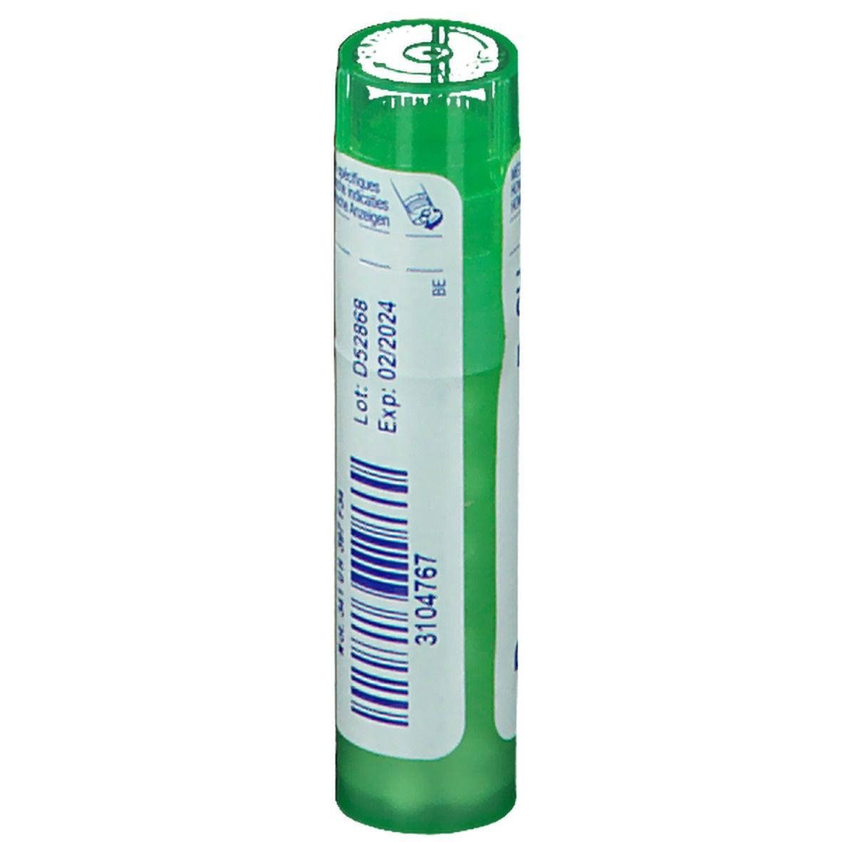 Tube vert avec étiquette blanche. Inscription: Lot D52868, Exp: 02/2024. Code-barres. Médicament homéopathique.