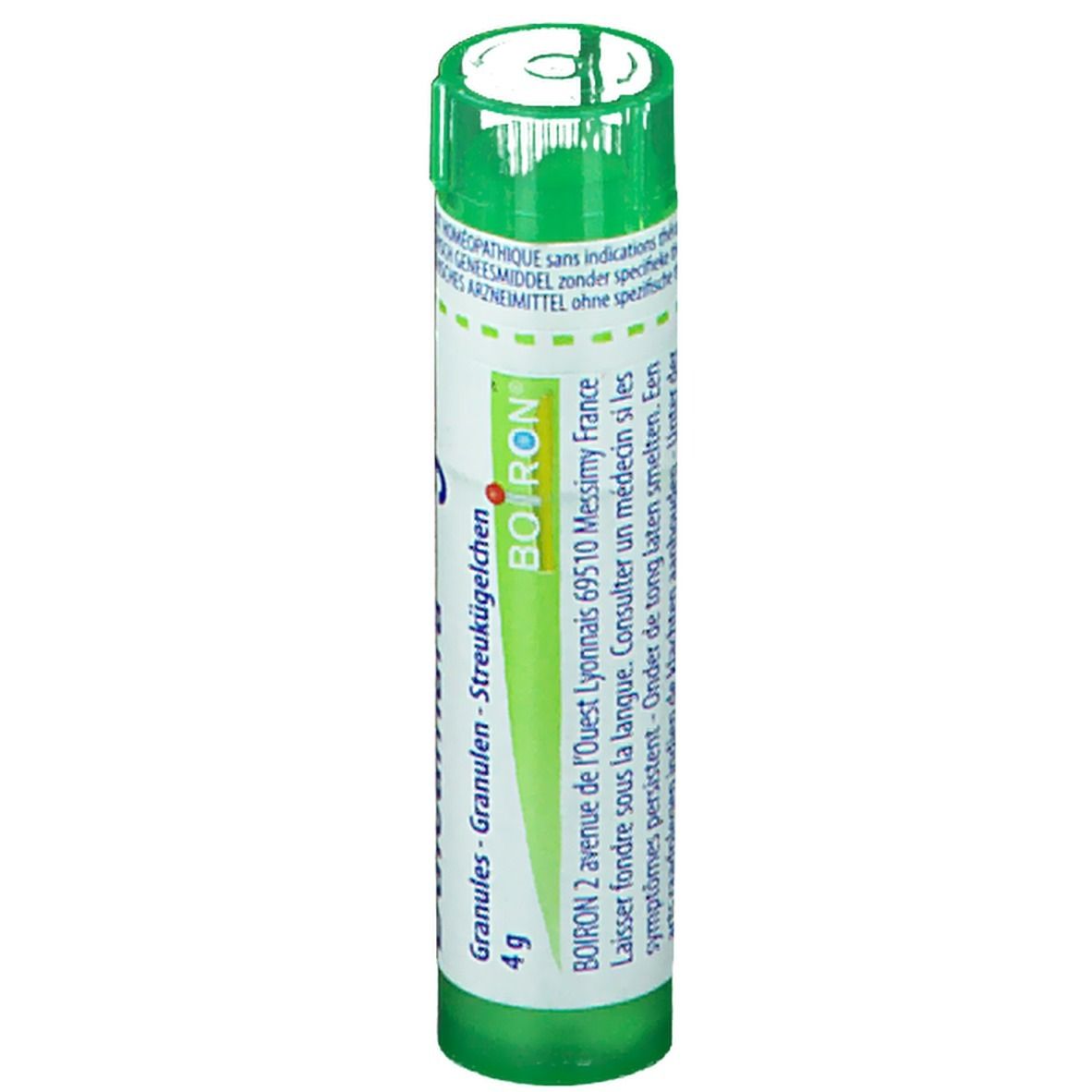 Tube vert avec étiquette blanche. Inscription: BOIRON, granules, 4g.
