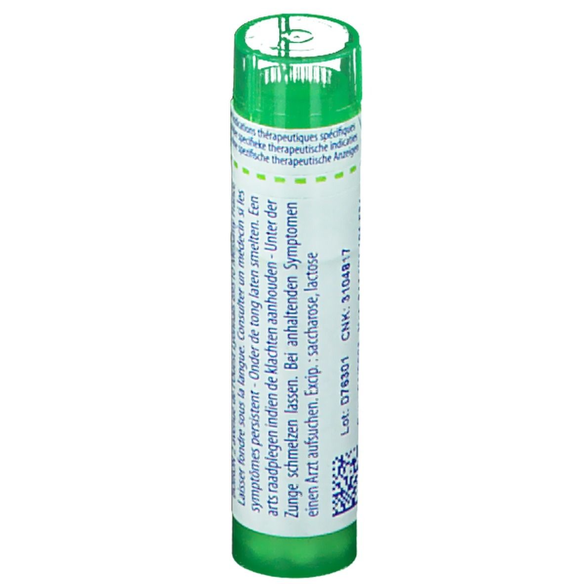 Tube vert avec étiquette blanche. Texte: CNK: 3104817, Lot: 076301.