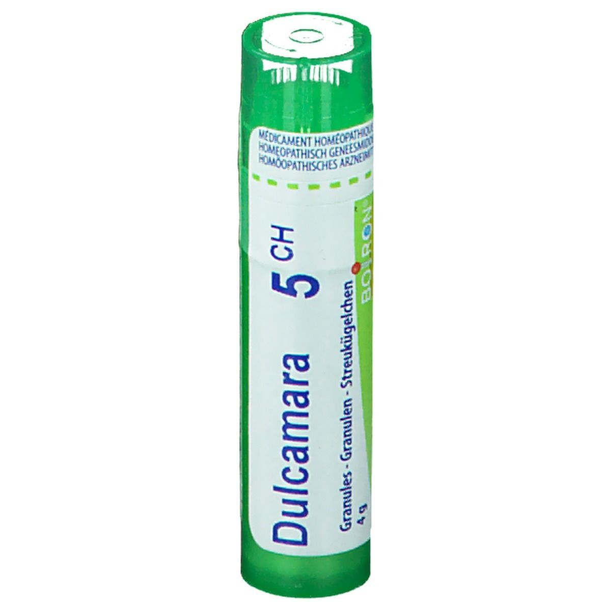 Tube vert avec étiquette blanche. Inscription: Dulcamara 5 CH, granules, 4g.