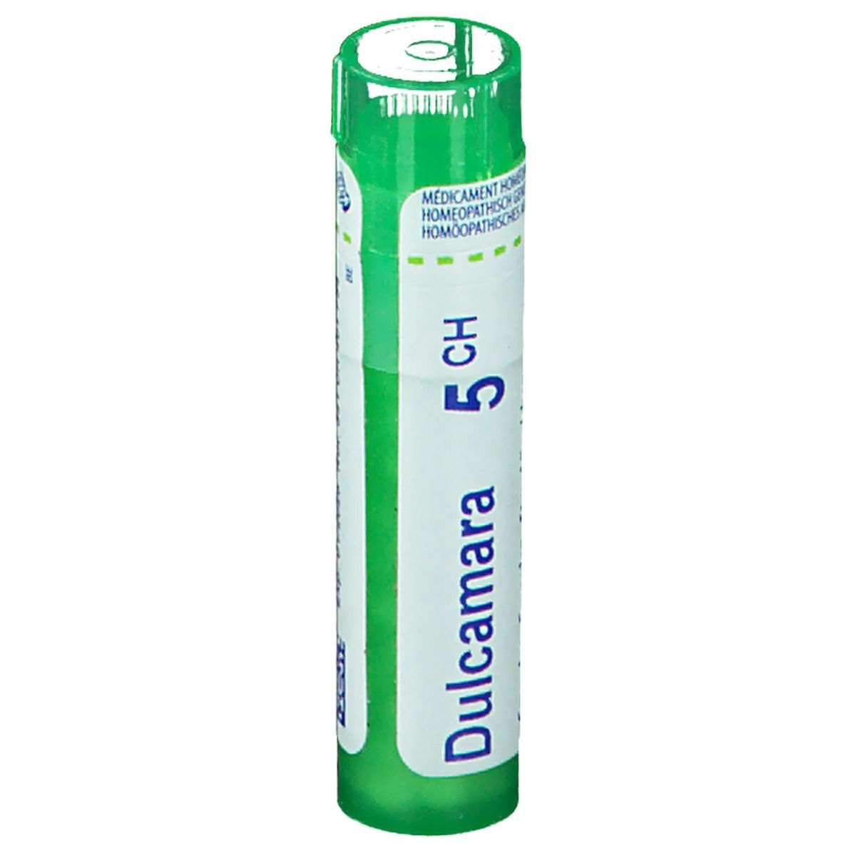 Tube vert avec étiquette blanche. Inscription: Dulcamara 5 CH.