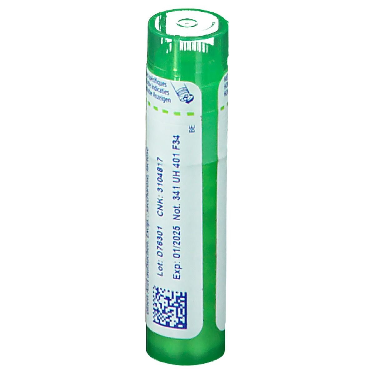 Tube vert avec étiquette blanche. Texte: CNK: 3104817, Exp: 01/2025.